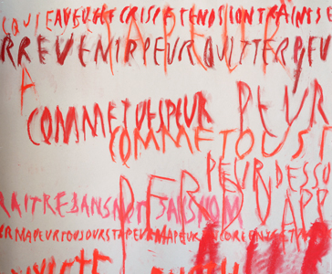 Peurs (détail), mural, pastel sur carton, vue d'atelier fev 2019, Emmanuel ARAGON